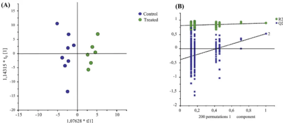 Fig. 5. (A) Orthogonal projections to latent structures-discriminant analysis (OPLS-DA) score plot of the 1D 1H NMR CPMG spectra of methanol-processed milk samples from two groups of cows fed a similar diet supplemented or not with linseed oil-nitrate addi