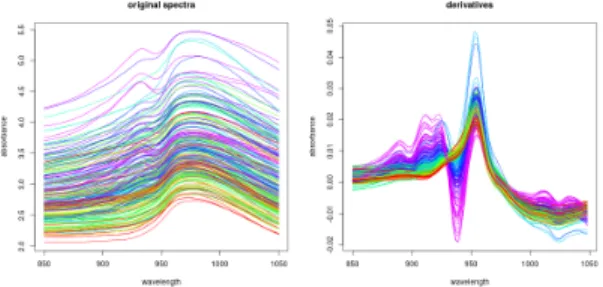Figure 8: the left chart displays the original spectra whereas the right chart displays the first order  deriva-tives (obtained by simple finite differences)