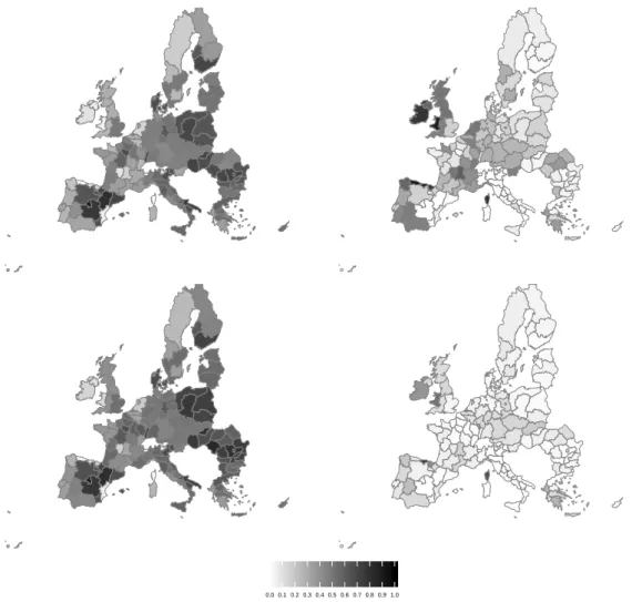 Figure 6. Change in regional average share of the area dedicated to cereals (left) and grasslands (right) from 2012-based starting situation providing 200Mt sweq (top) to the 2012-based situation with production of 500Mt sweq (bottom).