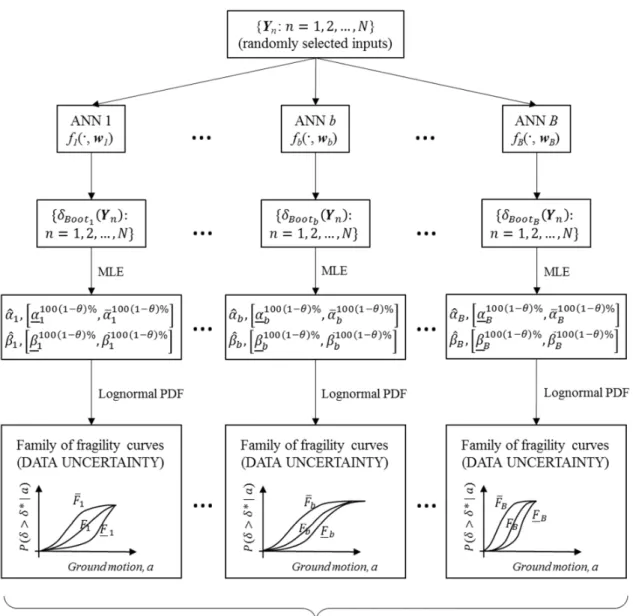 Figure 4: Exemplification of the procedure for the bootstrapped ANN-based estimation of fragility curves in presence of  uncertainty