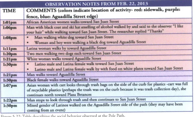 Figure  5.22:  Table describing  the  social  behavior  observed  at the  Pole  Path.