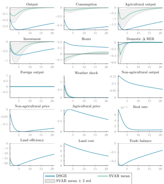 Figure 6: System response to an estimated weather shock η W t for the estimated DSGE and SVAR model (when available).