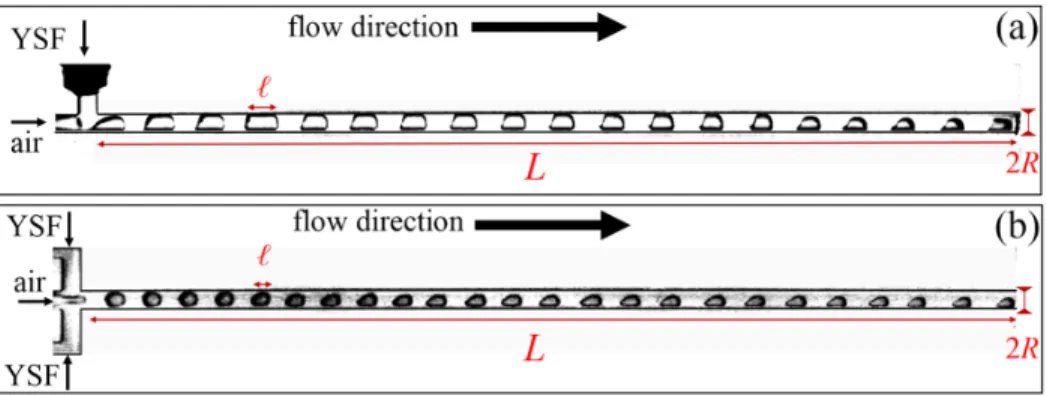 FIG. 1 (color online). Top view of different devices: (a) T-junction, (b) flow focusing; L is the exit channel length, R the radius of all channels (inlet and exit)