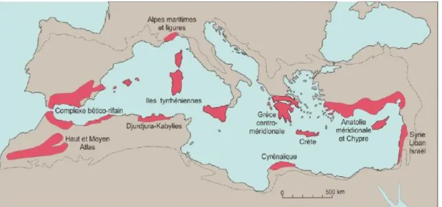 Figure n° 10 : Les points chauds de la biodiversité végétale de la région méditerranéenne  (d’après Médail et Quézel, 1997) 