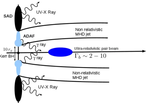 Figure 9. Schematic picture of the rotating BH accretion disk axis along with the emission from the inner ADAF and outer SAD