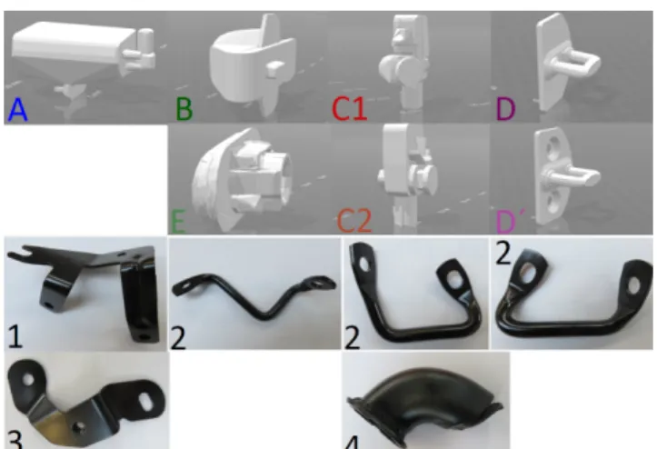Fig. 3. Reduced CAD models of the objects used in simulation (top) and pictures of the objects used in experiments with a real robot (bottom).