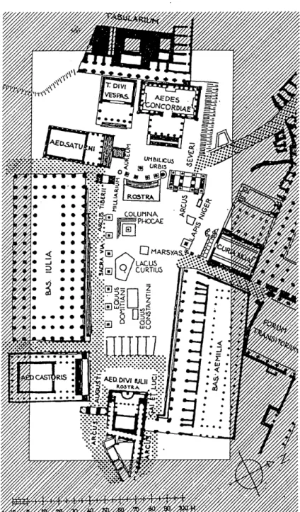 Fig. 2 Roman  Forum, between A.D.203  and  608,  where  legal  trials, electoral  campaigns,  sacrifices, important  funerals,  in addition to all  variety  of personal  business took place.