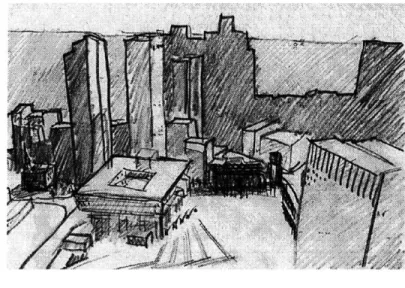 Fig. 7 Early sketch  showing the connection  of the proposed IRC  with Fanueil  Hall  set against the packed density of the  financial  district.