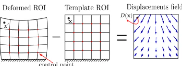 Fig. 3: Displacement map obtained from the deformation of the ROI. x and x ′ represent respectively the coordinates of one pixel in I t and its new coordinates in the current image I c after tissue deformation