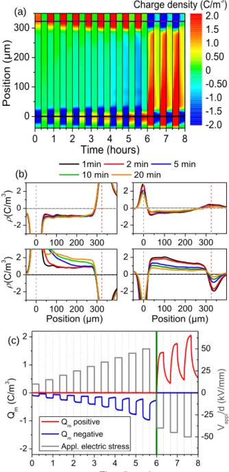 Figure 7. Space charge dynamics in sample S1 (LDPE tailored  with AgNPs/SiO x C y :H nanocomposite stack on  one face only) along the short term protocol: (a) 3D plot of space charge dynamics, (b) charge density profiles  during polarization (left) and dep