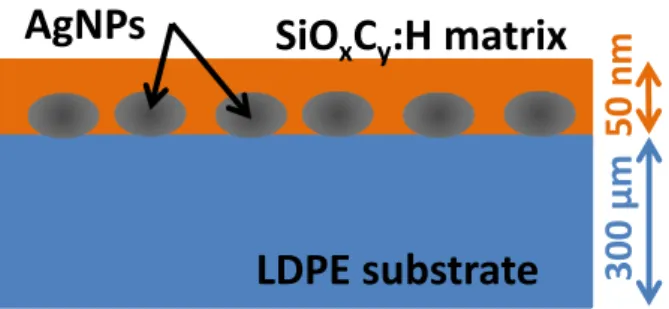 Figure 1. Schema of polymer surface tailored by a AgNPs/SiO x C y :H nanocomposite layer