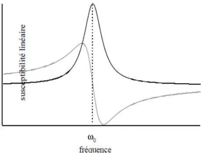 Figure I-6 : Variation des parties réelle (─) et imaginaire (▬) de la susceptibilité   linéaire en fonction de la fréquence du champ électrique [36]