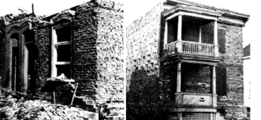 Figure 2. Even when facing bricks are carefully removed from the backing, as was done in the  demolition of these old buildings, their durability is not assured.