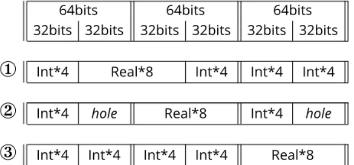 Figure 2. Schematic picture of 3 data layouts in memory. The double vertical separators show 64 bits boundary