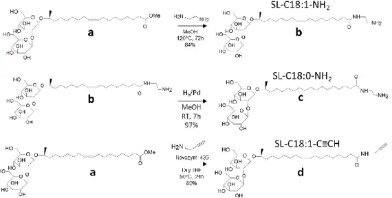 Figure  S  1  –  Synthesis  conditions  for  aminyl  and  alkynyl  sophorolipids.  (a)  Monounsaturated  sophorolipids  methyl  ester,  SL-C18:1-OMe,  prepared  from  a  previous  study