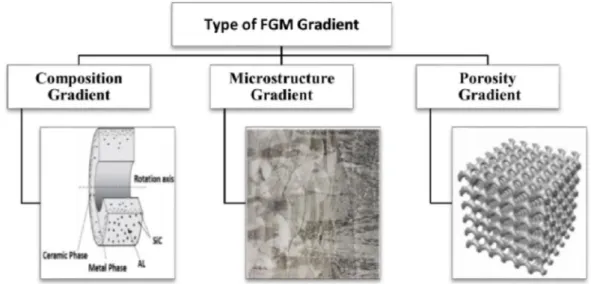 Figure I.5: Exemple typique de trois types différents de gradient de FGM                     [Popoola et al