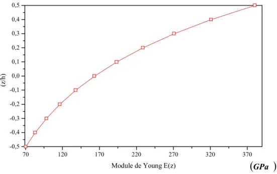 Figure I.11 : Variation du module de Young dans une plaque  E-FGM. 