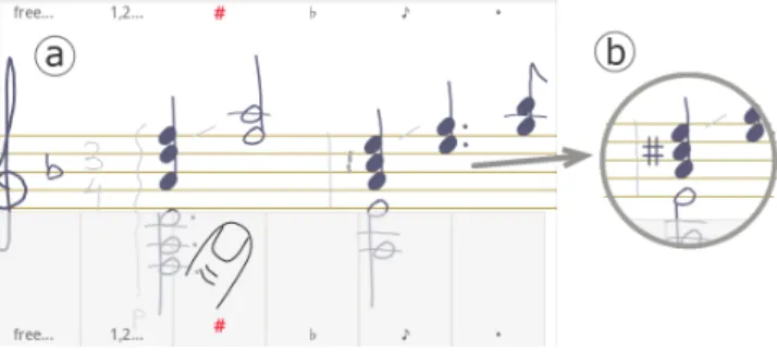 Figure  3.  Touch  +  Pen:  (a)  Activation  of  the  bezel  menu  at  the  bottom  of  the  screen  to  reinforce  the  recognition  of  a  sharp  (#)  while  writing  on  paper  (finger  added  only  for  illustration)