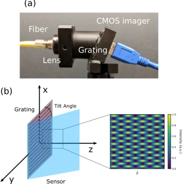 Fig. 1. (a) The compact Talbot wavemeter. (b) Illustration of Talbot interferogram sampling with a tilted image sensor in close proximity to the grating.