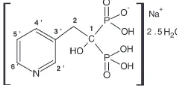 Fig. 1. Molecular structure of 1-hydroxy-2-(3-pyridinyl)ethylidene bisphosphonic acid monosodium hemipentahydrate salt.