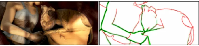 Figure 2. Example of depth discontinuities (in red) and motion boundaries (in green, extracted from the ground-truth flow)