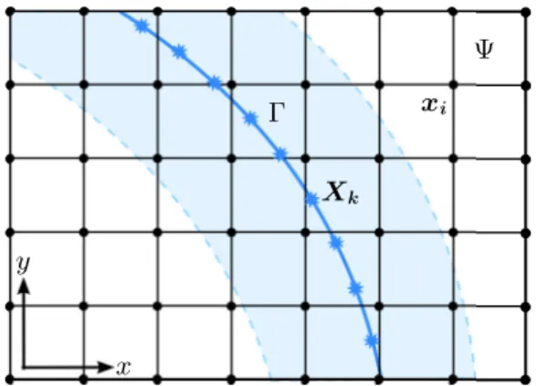 FIG. 1. Schematic view of the IB configuration. A boundary discretized by Lagrangian markers { X k } is immersed in the fluid domain  discretized by the lattice nodes {x i }