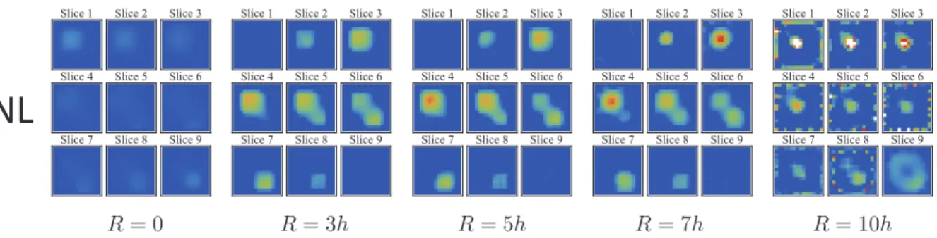FIG. 9. DCTMC reconstruction of the small target after 150 iterations with varying degrees of R, where the row-summing is done over voxels separated by no more than R.
