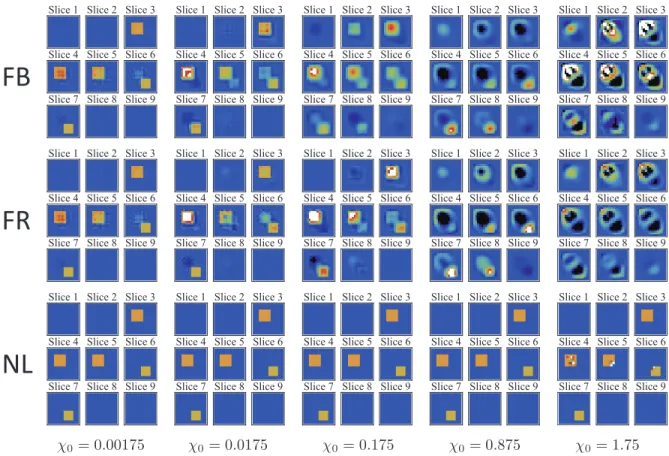 FIG. 2. Linear (top and middle rows, marked FB and FR) and nonlinear (bottom row, marked NL) reconstructions of the small target for different levels of contrast χ 0 