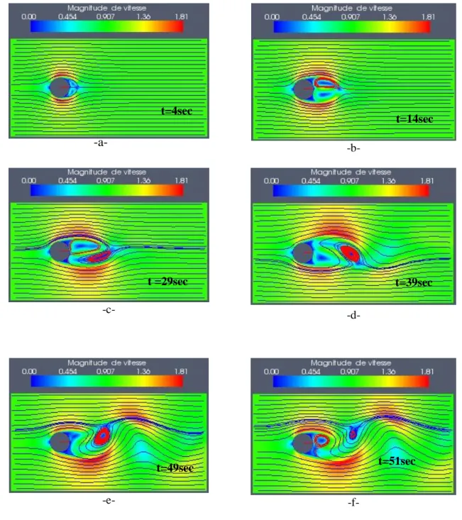 Figure 2.6 : Evolution temporelle de l’écoulement autour d’un cylindre  pour Re= 800 
