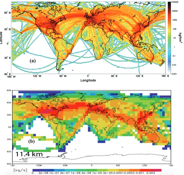 Figure 1-9: (a) Global fuel burn from scheduled civil aviation in 2005, taken from Simone  et al