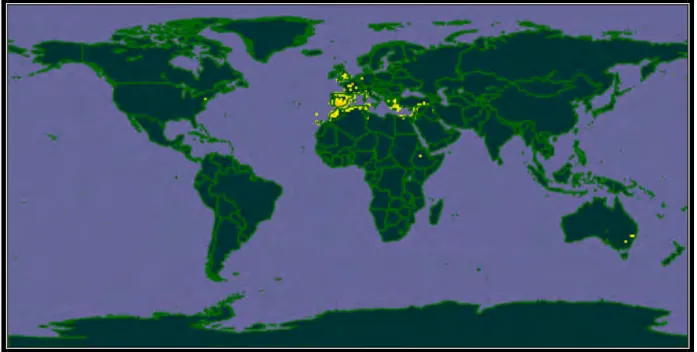 Figure 4 : Distribution géographique du genre  Scorpiurus dans le monde  (Source :  Catalogue of Life Hierarchy, Edition 1 (2007))