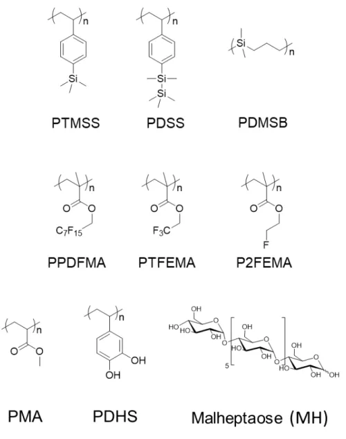 Figure 1. Examples of molecular structures of BCP blocks discussed in this report. 