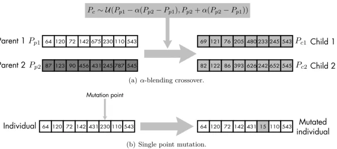 Figure 4.20– Illustrative example of the crossover and mutation procedures for the evolutionary algorithm.