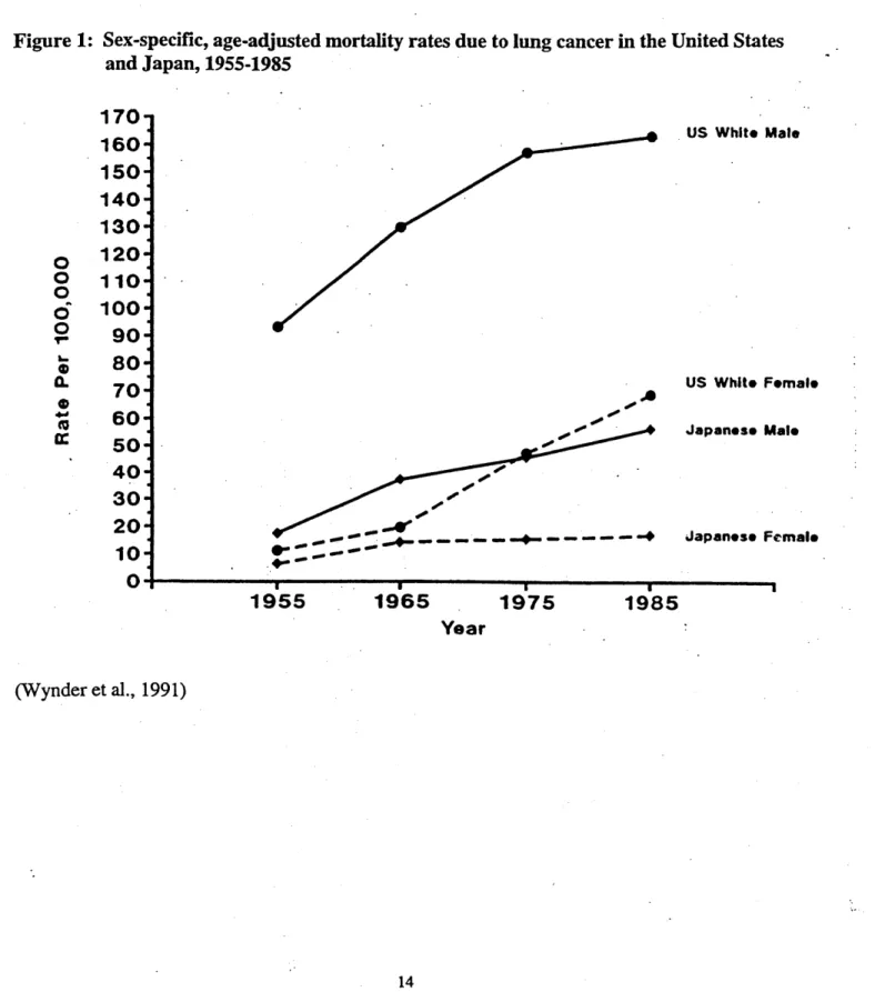 Figure 1:  Sex-specific,  age-adjusted mortality rates due to lung cancer in the United States and Japan, 1955-1985 0 0 0 0 0 Tm 0