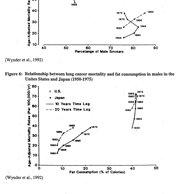 Figure  6:  Relationship  between lung cancer mortality and  fat consumption Unites States and Japan  (1950-1975)
