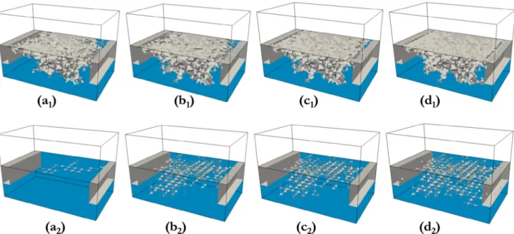 Fig. 9. Pore network numerical visualisations of vapour and liquid phase distribution in the evaporator unit cell for the same fluxes in the monoporous and bidispersed wick.