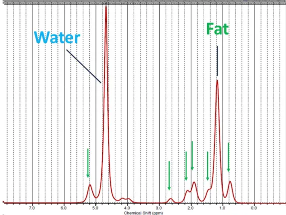 Figure  1.13: Spectrum of the water and fat (triglycerides). The water peak is positioned at 4.7ppm