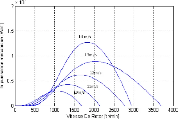 Figure 1.8 Caractéristiques typiques de puissance par rapport à la vitesse d'une éolienne      La puissance extraite du vent est maximisée lorsque  C p  est maximisée