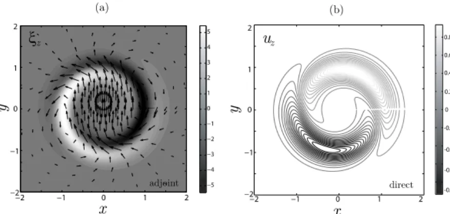 FIG. 10. Cross-section of the adjoint mode axial vorticity ⇠ z with the associated velocity vector field (a)