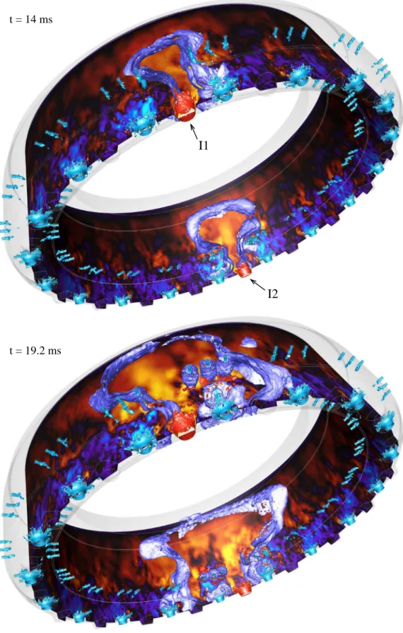 Fig. 10. Two successive instants (t = 14 and 19.2 ms) of the ignition sequence: sur- sur-face C colored by axial velocity (light blue: −20 m.s −1 → yellow: +20 m.s −1 ), iso–