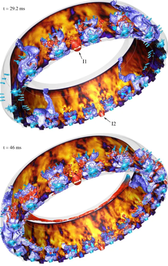 Fig. 11. Two successive instants (t = 29.2 and 46 ms) of the ignition sequence: sur- sur-face C colored by axial velocity (light blue: −20 m.s −1 → yellow: +20 m.s −1 ), iso–