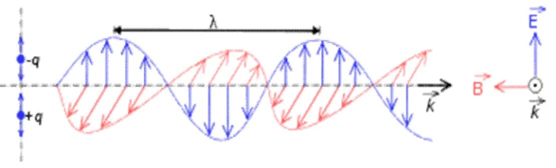 Figure I.1 : L’onde électromagnétique : oscillation couplée du champ électrique et du champ   magnétique  (modèle de dipôle vibrant) [3]