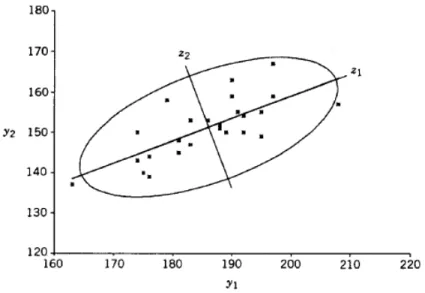 Figure 2.4. Nuage de points de deux variables et leurs axes principaux [14].