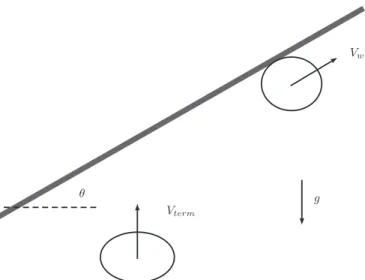 FIG. 1. A bubble rises in a viscous liquid at terminal conditions V term and χ term ; it then collides with a wall, inclined at an angle θ