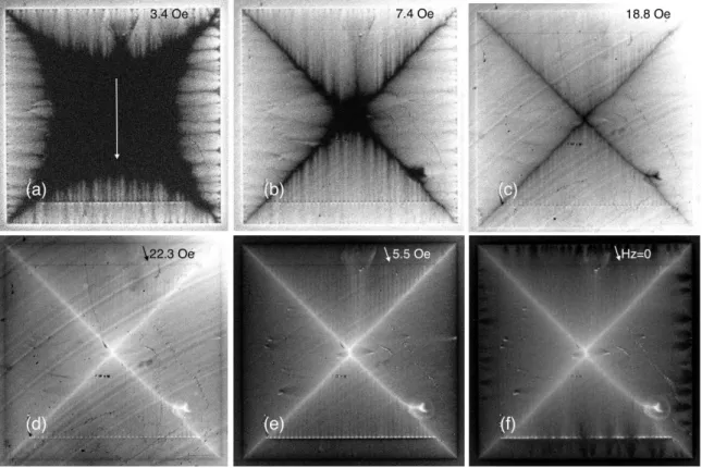 FIG. 10. Normal flux entry (a)–(c) and exit (d)–(f) in the sample with longitudinally polarized strips at 7 K