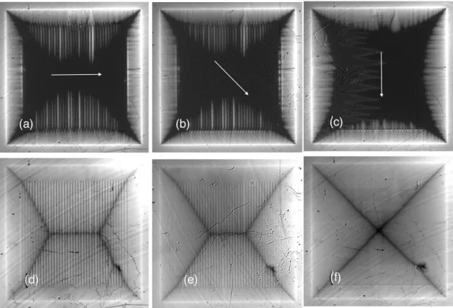 FIG. 12. Comparison of the flux distributions at the initial stage of magnetization (top row: H z = 15.4 Oe) and in the total critical state (bottom row: H z = 66.2 Oe) for three different polarization directions of the Py strip obtained at T = 4 K