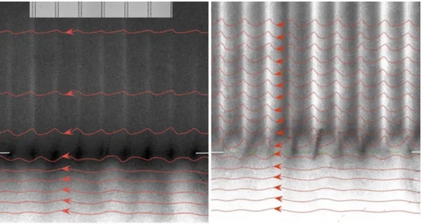 FIG. 5. Current trajectories (red lines) for the flux patterns in Figs. 4(b) and 4(d)