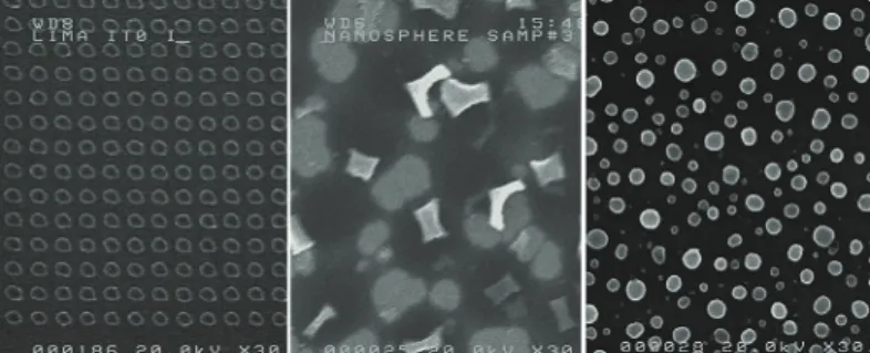 Fig. 6. Three methods of fabrication metallic nanoparticles EBL (left) with periodical and similar dimension, NSL (centre)  preliminary test and NSA best result after process optimization