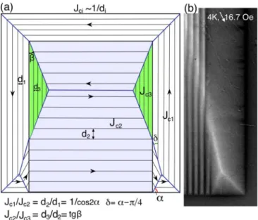 FIG. 5. Arrangement of the sharp current turn (SCT) lines in the total critical state: (a) current flow scheme in the sample and (b) the MO image near the right sample side
