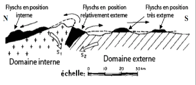 Fig. I.5. Position des nappes de flyschs par rapport aux unités de la Chaîne des  Maghrébides, (J.P